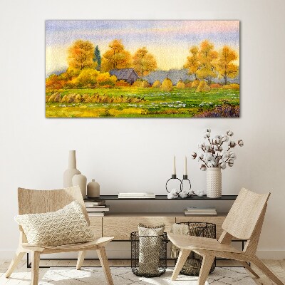 Golden autumn in the rural landscape Glass Wall Art