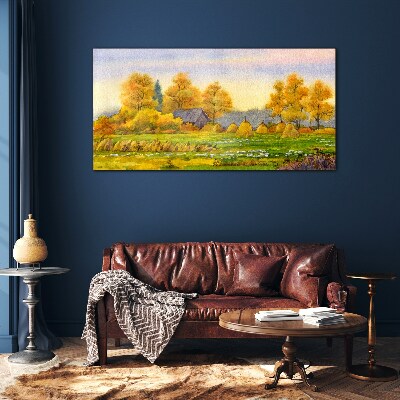 Golden autumn in the rural landscape Glass Wall Art