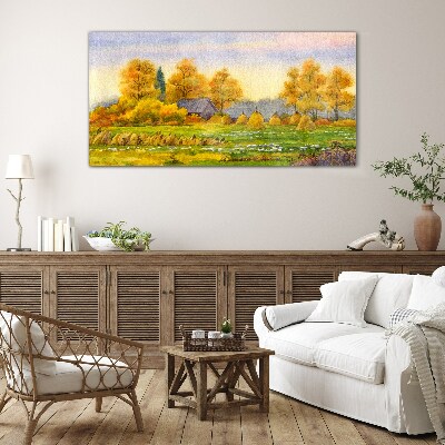 Golden autumn in the rural landscape Glass Wall Art