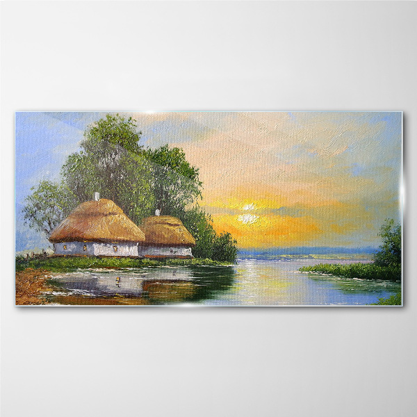 A peaceful sunset over the village Glass Wall Art