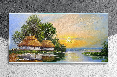 A peaceful sunset over the village Glass Wall Art