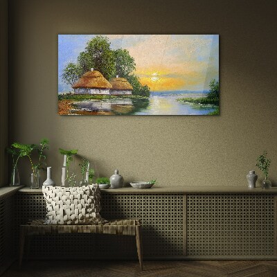 A peaceful sunset over the village Glass Wall Art