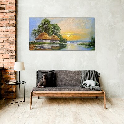A peaceful sunset over the village Glass Wall Art