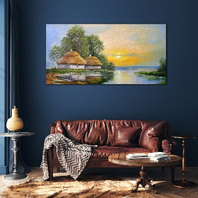 A peaceful sunset over the village Glass Wall Art