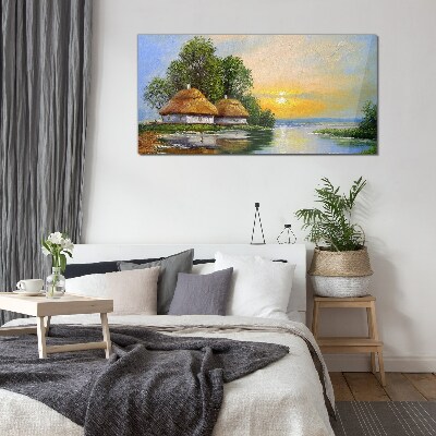 A peaceful sunset over the village Glass Wall Art