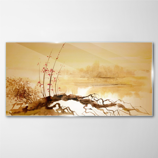 Golden shades on the water's edge Glass Wall Art