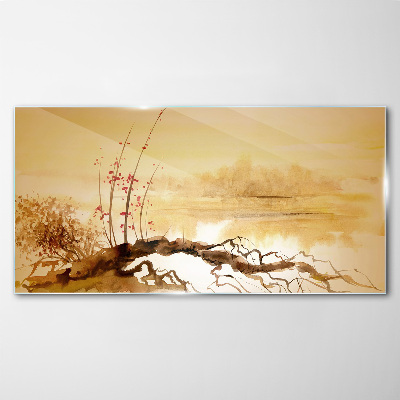 Golden shades on the water's edge Glass Wall Art