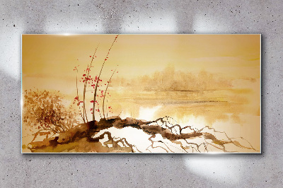 Golden shades on the water's edge Glass Wall Art