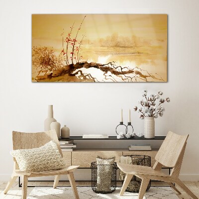 Golden shades on the water's edge Glass Wall Art