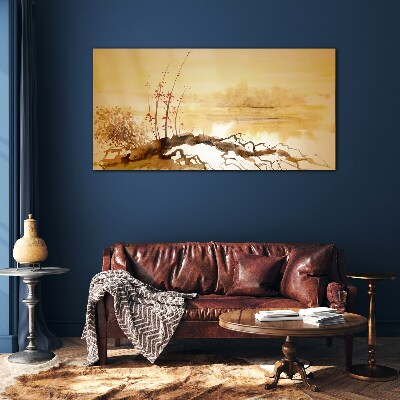 Golden shades on the water's edge Glass Wall Art