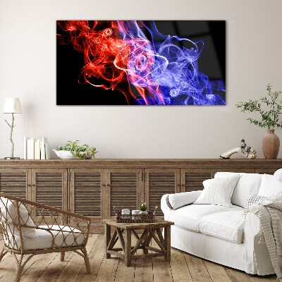 Dancing smoke in red and blue Glass Wall Art