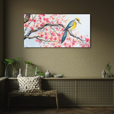 Spring bird on a branch Glass Wall Art