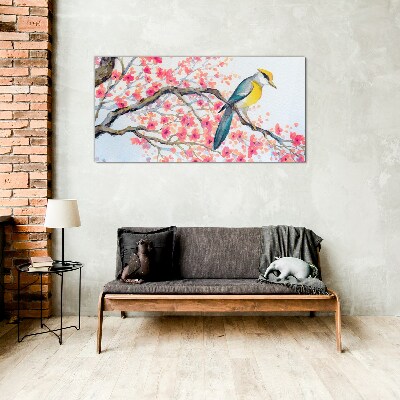 Spring bird on a branch Glass Wall Art