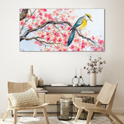 Spring bird on a branch Glass Wall Art