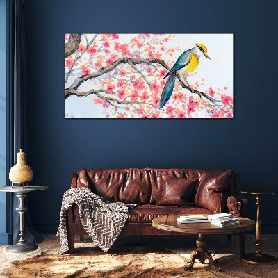 Spring bird on a branch Glass Wall Art
