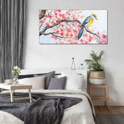 Spring bird on a branch Glass Wall Art