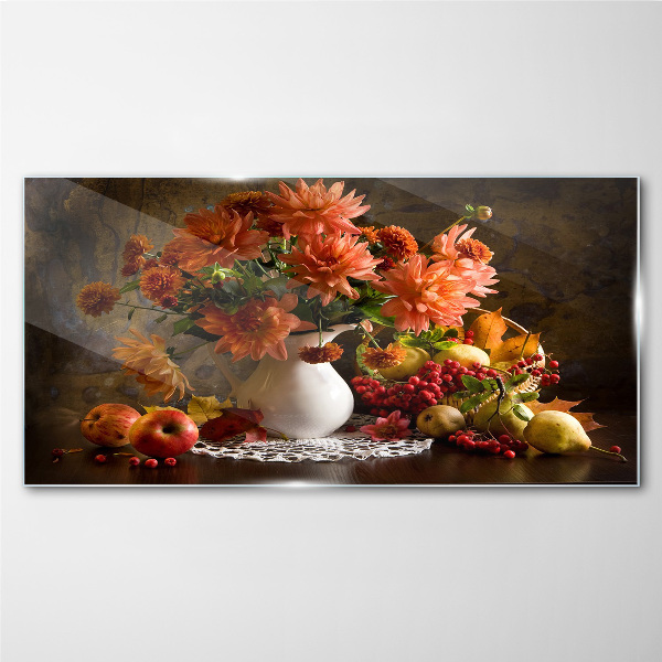 Flowers and fruit in a vase Glass Wall Art