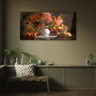 Flowers and fruit in a vase Glass Wall Art