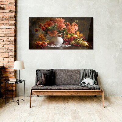 Flowers and fruit in a vase Glass Wall Art
