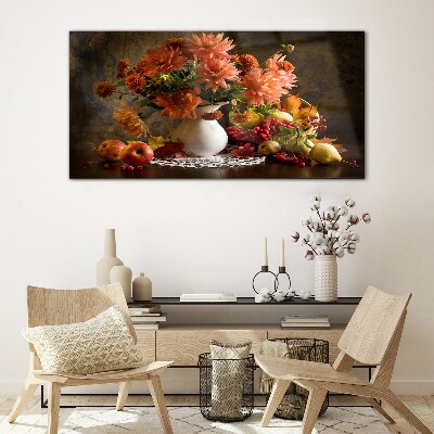Flowers and fruit in a vase Glass Wall Art