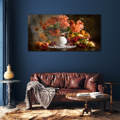 Flowers and fruit in a vase Glass Wall Art