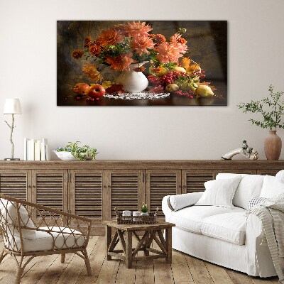 Flowers and fruit in a vase Glass Wall Art