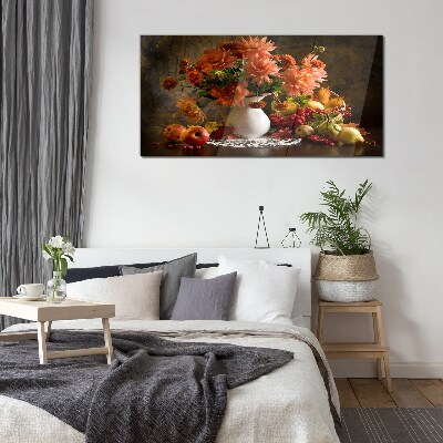 Flowers and fruit in a vase Glass Wall Art