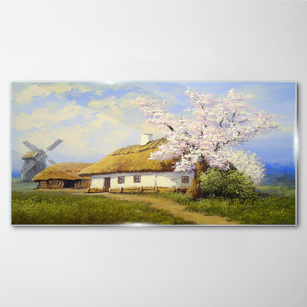 Rural landscape with a windmill and flowers Glass Wall Art