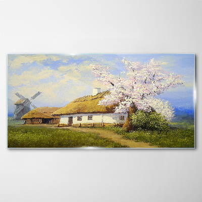 Rural landscape with a windmill and flowers Glass Wall Art