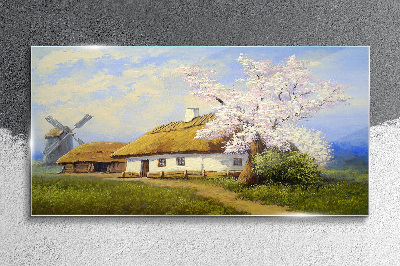 Rural landscape with a windmill and flowers Glass Wall Art