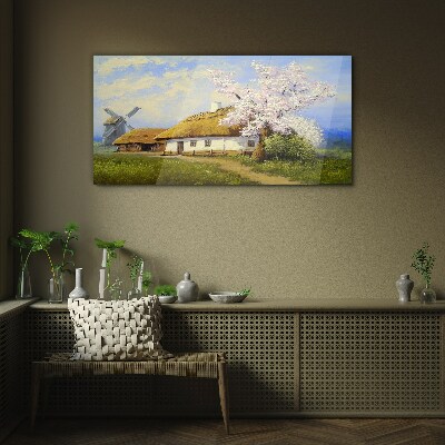 Rural landscape with a windmill and flowers Glass Wall Art