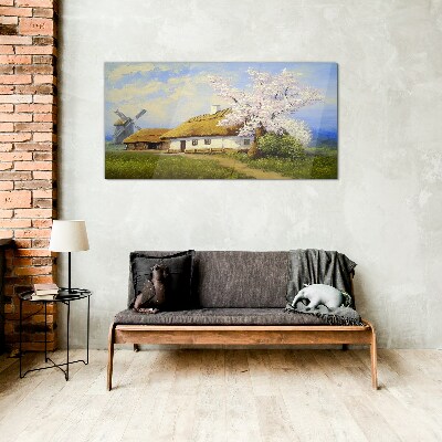 Rural landscape with a windmill and flowers Glass Wall Art