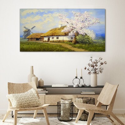 Rural landscape with a windmill and flowers Glass Wall Art
