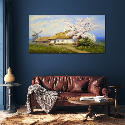 Rural landscape with a windmill and flowers Glass Wall Art