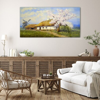 Rural landscape with a windmill and flowers Glass Wall Art