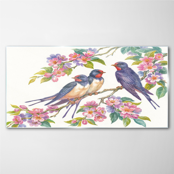 Birds in the flowering branches Glass Wall Art