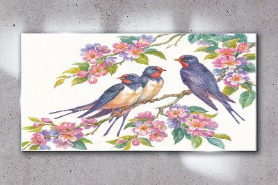 Birds in the flowering branches Glass Wall Art