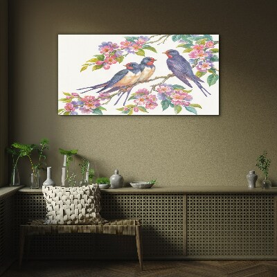 Birds in the flowering branches Glass Wall Art