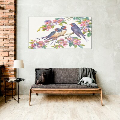 Birds in the flowering branches Glass Wall Art