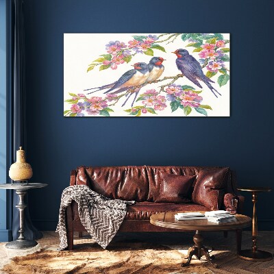 Birds in the flowering branches Glass Wall Art