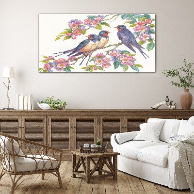 Birds in the flowering branches Glass Wall Art