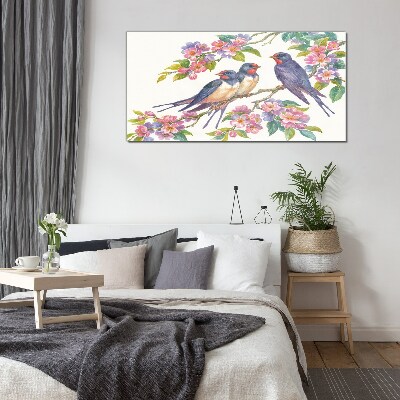 Birds in the flowering branches Glass Wall Art