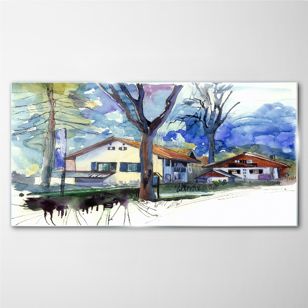 Rural landscape in watercolor Glass Wall Art