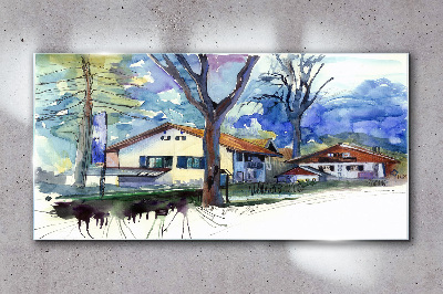 Rural landscape in watercolor Glass Wall Art