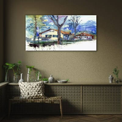 Rural landscape in watercolor Glass Wall Art