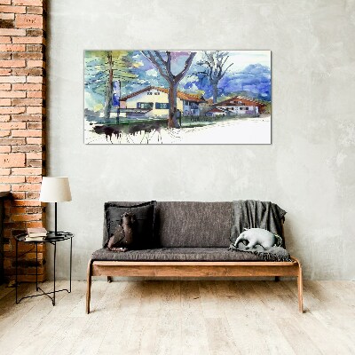 Rural landscape in watercolor Glass Wall Art