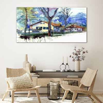 Rural landscape in watercolor Glass Wall Art