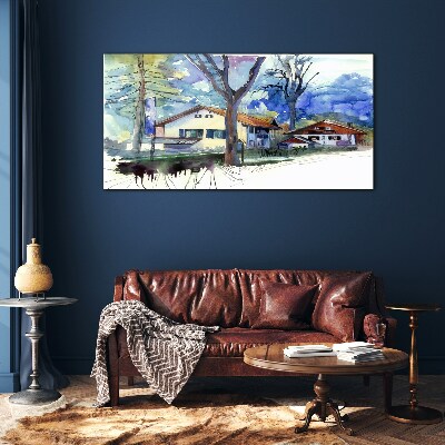 Rural landscape in watercolor Glass Wall Art