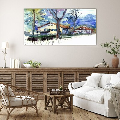 Rural landscape in watercolor Glass Wall Art