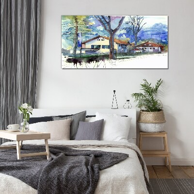 Rural landscape in watercolor Glass Wall Art